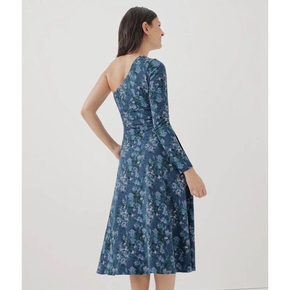 Pact One Shoulder Fit & Flare Midi Dress Blue Floral Watercolor Size S Small - Picture 2 of 12